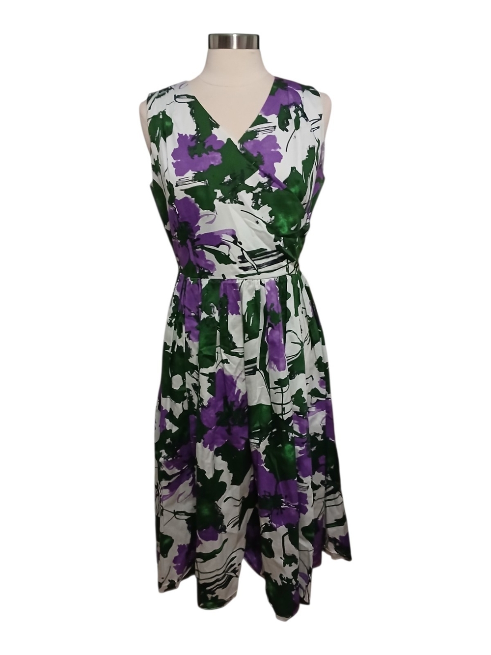 J. Peterman | 100% Cotton Sleeveless V-Neck Midi Dress in Multi Print Size 12